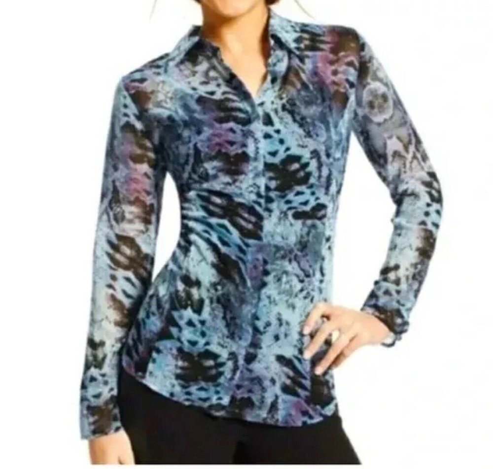 CAbi Blouse Womens Sz M Semi-Sheer Shirt Blue Snake Print Half Sleeve